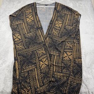 Tanoa Sleeveless Cardigan Women OS Black Gold Tribal Print Rayon Polynesian